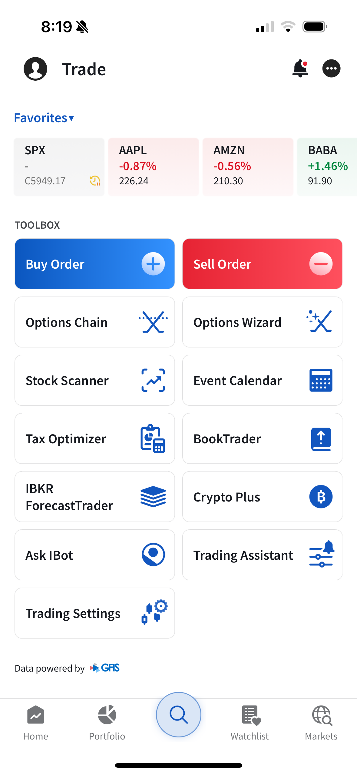 IBKR Mobile menu screenshot